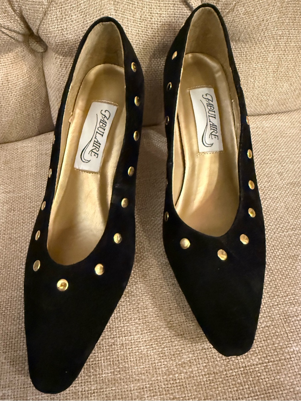 VTG Black Suede Pointed Pumps with Gold Studs Size 7
